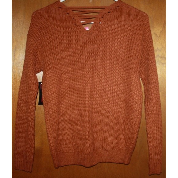 No Boundaries Lace Up Cable Knit Pullover Juniors Sz XS Burnt Orange NWT - Picture 6 of 8